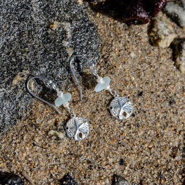 Sterling Silver Dainty Aqua Blue Sea Glass + Mini Baroque Pearl Sand Dollar Earrings